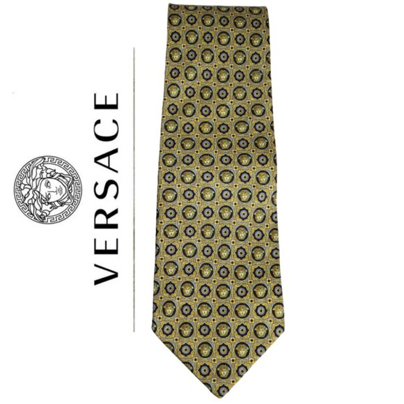 GIANNI VERSACE Rare Vintage, Medusa Print Gold, Grey & Black Neck Tie 3.75" Wide - Picture 1 of 8